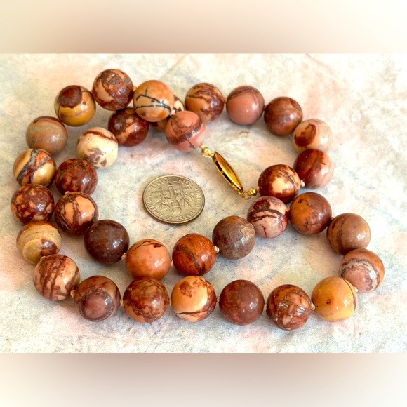 Picture (or zebra) jasper 12mm beaded necklace 18” w/ 14K gold clasp - Picture 2 of 7